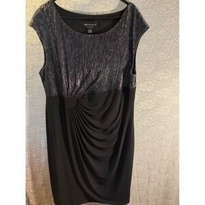 Connected Woman Metallic Silver Black Pleated Draped Sheath Dress Plus Size 18W